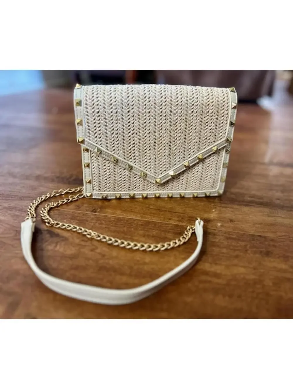 Boutique Studded Straw Crossbody Bag with Gold Chain